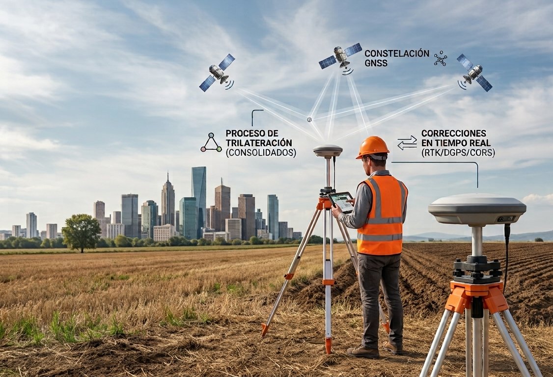 Ingeniero con equipo GPS RTK y constelación GNSS